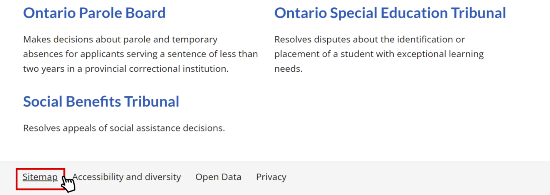 The footer of the Tribunals Ontario website with a cursor hovering over a link to the Sitemap.